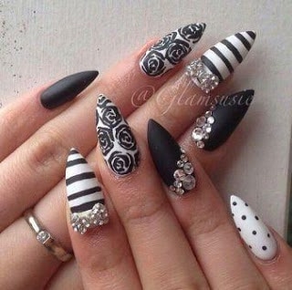 Black-and-white-stiletto-nails-with-diamonds