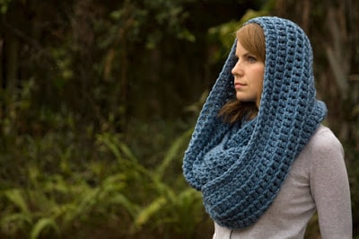 Crochet Infinity Scarf, Chunky Cowl, Hooded Scarf, Sky Blue Oversized Wool Blend