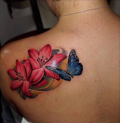 Beautiful-Lily-Butterfly-Tattoo-On-Back-Shoulder