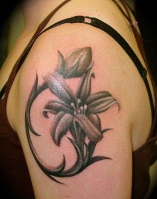 White-and-Black-Lily-Tattoo-Design-On-Left-Shoulder